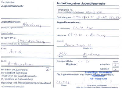 Meldung an die Deutsche Jugendfeuerwehr in Bonn am 07.05.1992