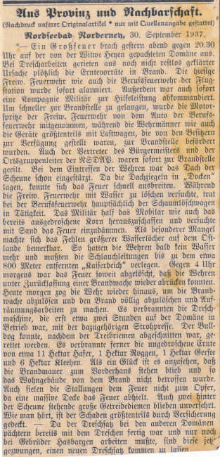 Großbrand bei der Domäne Heyen 29.09.1937