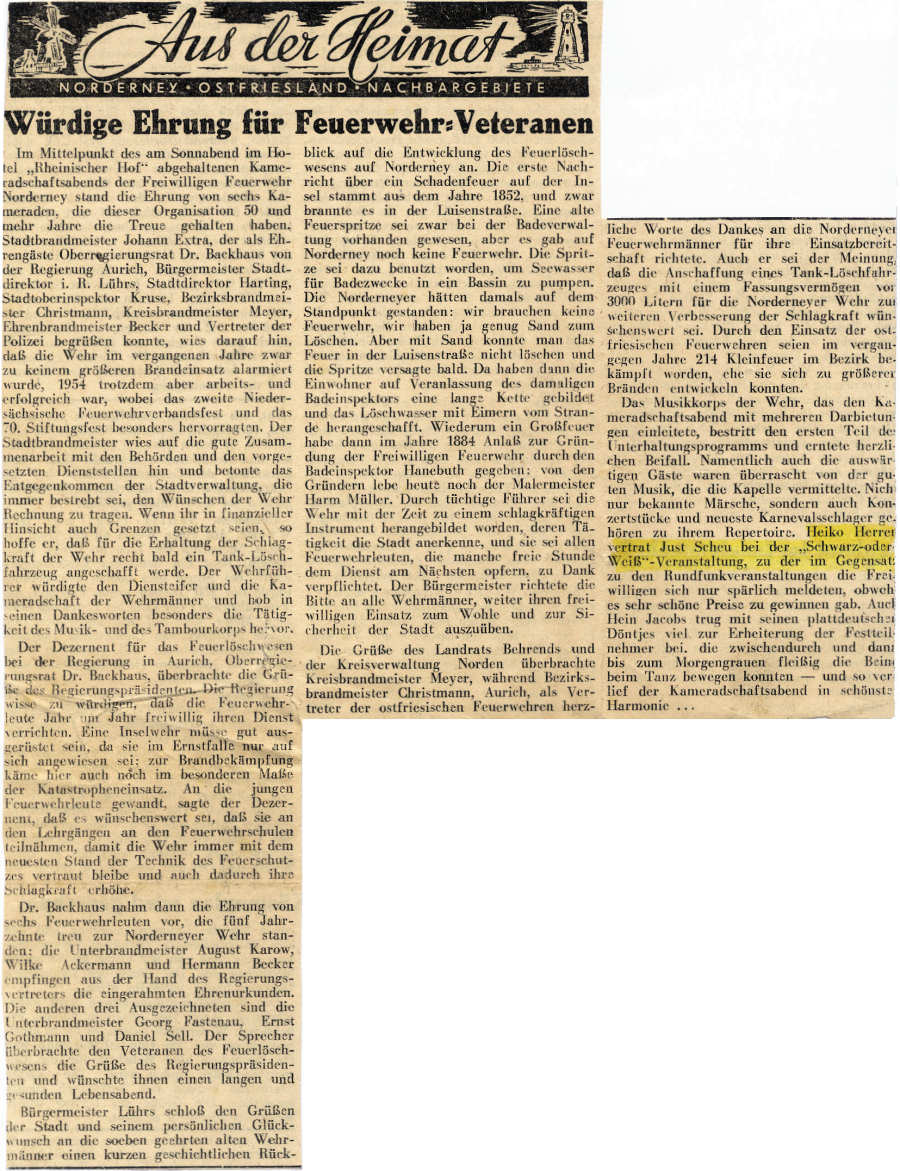 Stiftungsfest der Wehr am 15.01.1955 im Hotel "Rheinischer Hof"