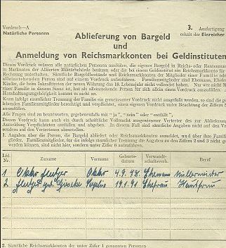 Bescheinigungen für die "Ablieferung" von Bargeld und Anmeldung von Reichsmarkkonten 