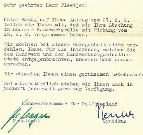 Schreiben der Handwerkskammer Ostfriesland Schreiben der Handwerkskammer Ostfriesland