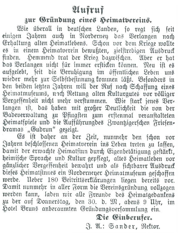 Aufruf zur Gründung eines Heimatvereins